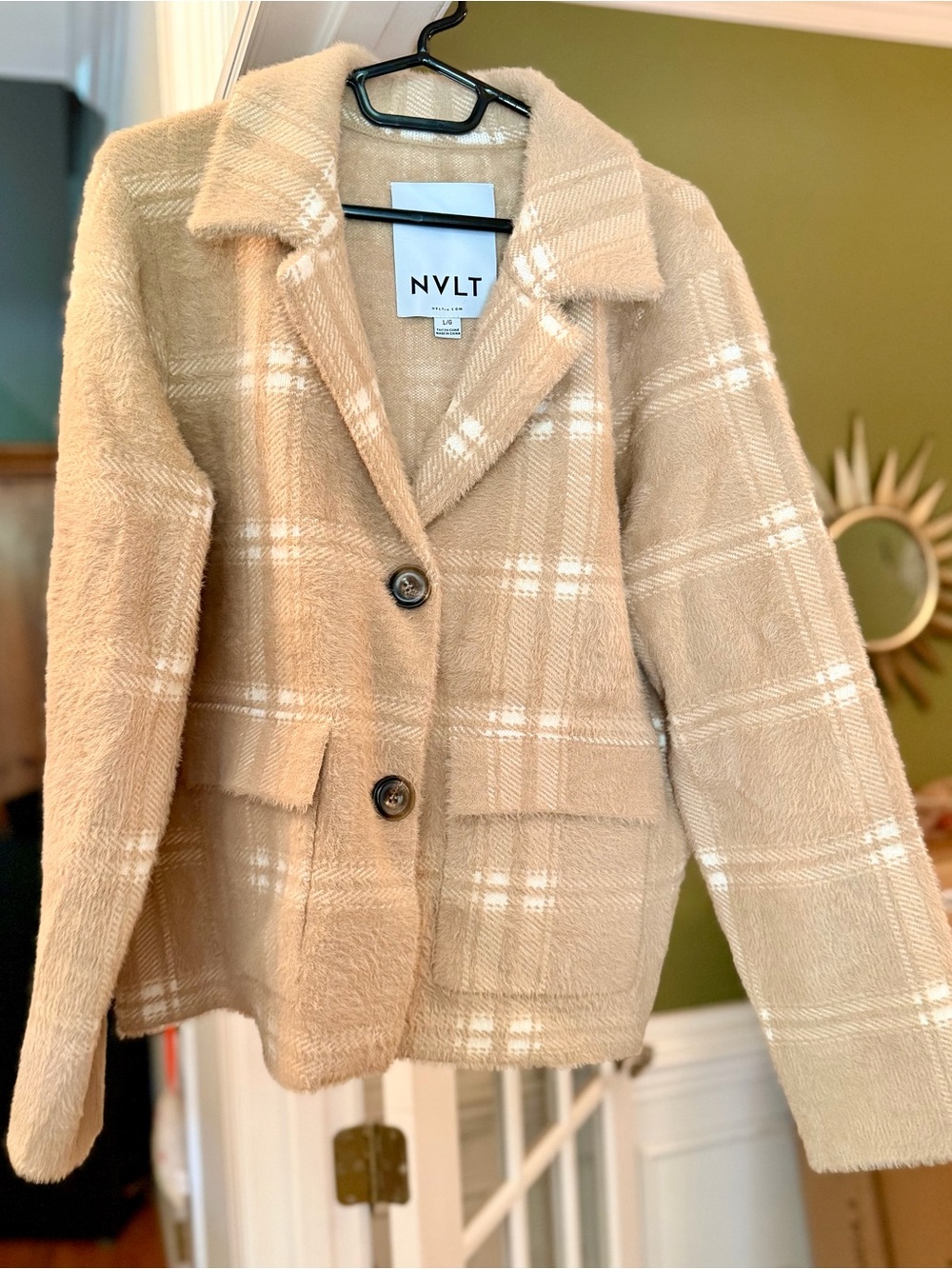 NVLT Cream Tan Plaid Fuzzy Button Blazer